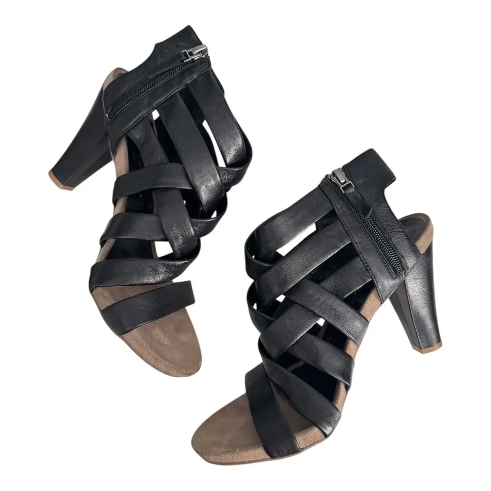 Bruno Premi Shoes Womens US 10/ 41 Black Leather Strappy Heeled Sandals Zip Back